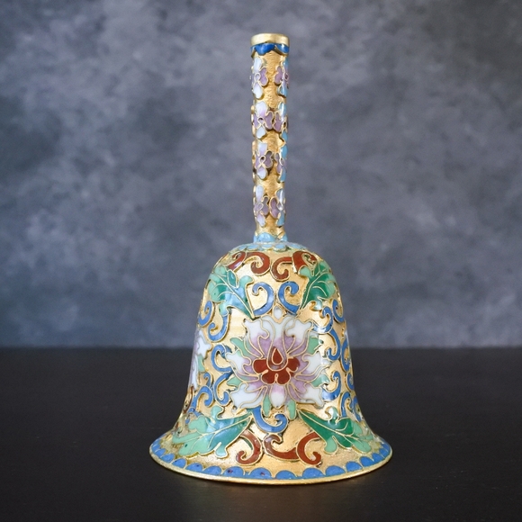 Vintage Chinese Cloisonne Enamel Floral Gold Metal Bell